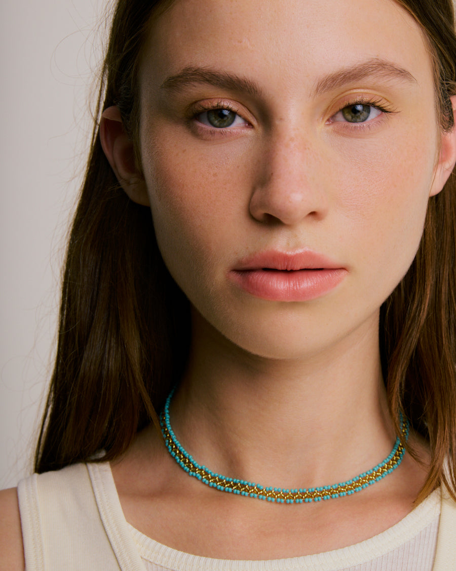 Beaded Necklace - Mathe's Stitch Turquoise & Gold