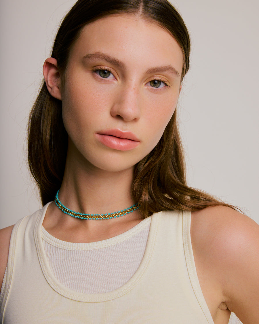 Beaded Necklace - Mathe's Stitch Turquoise & Gold