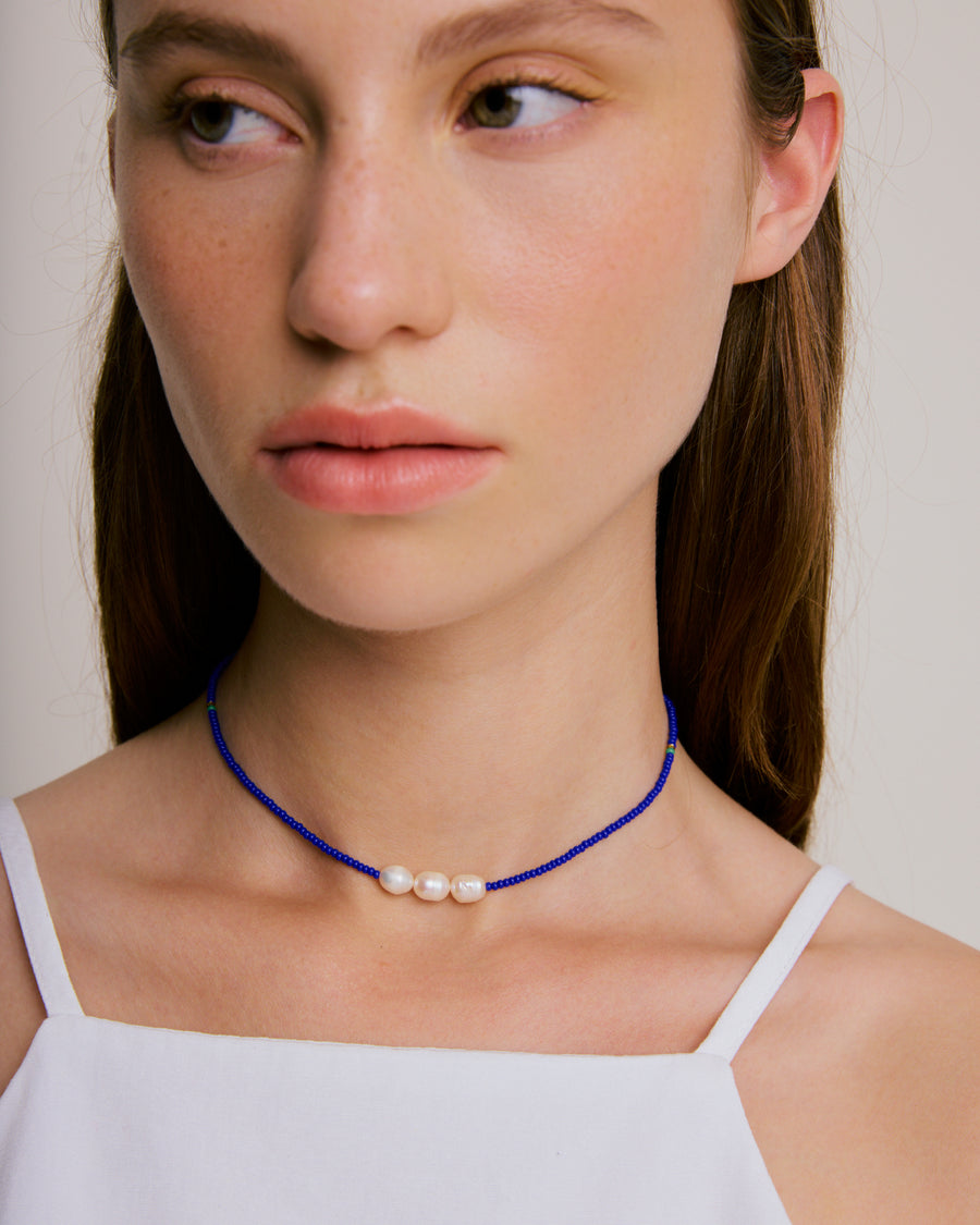 Triple Pearl Necklace - Cobalt