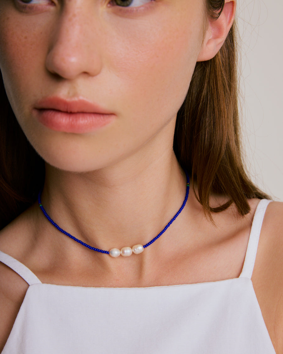 Triple Pearl Necklace - Cobalt