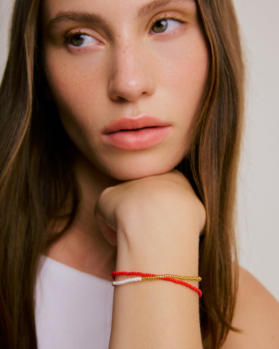 Double Strand Beaded Bracelet - Chilli Red, Dusty Pink, White & Gold