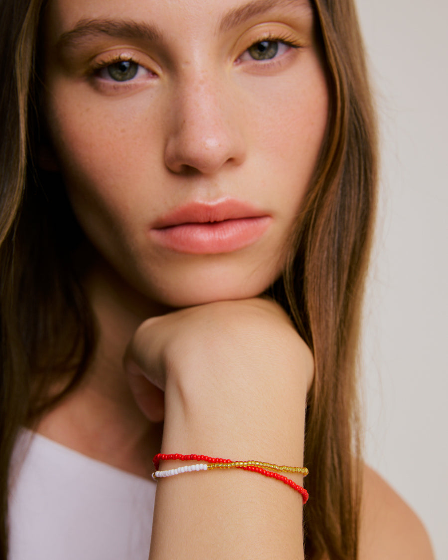 Double Strand Beaded Bracelet - Chilli Red, Dusty Pink, White & Gold