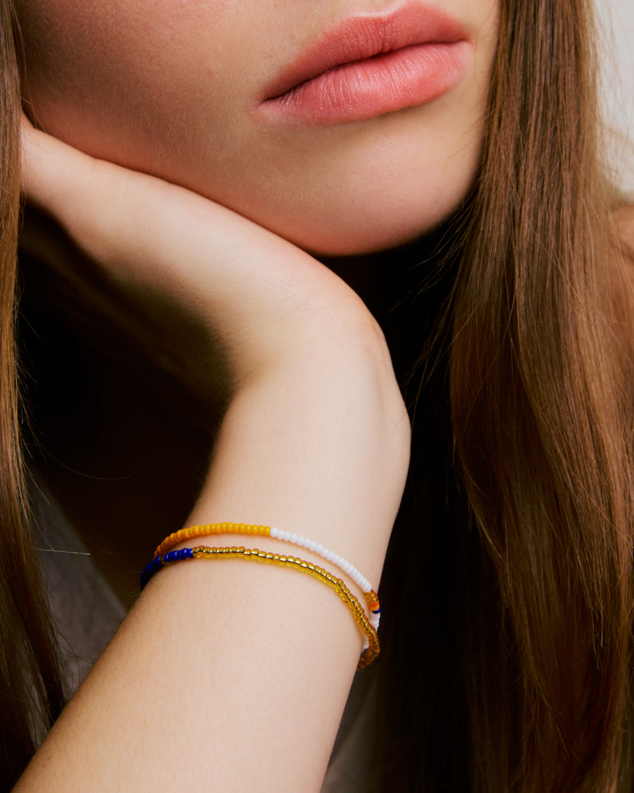 Double Strand Beaded Bracelet - Cobalt, Pumpkin, White & Gold