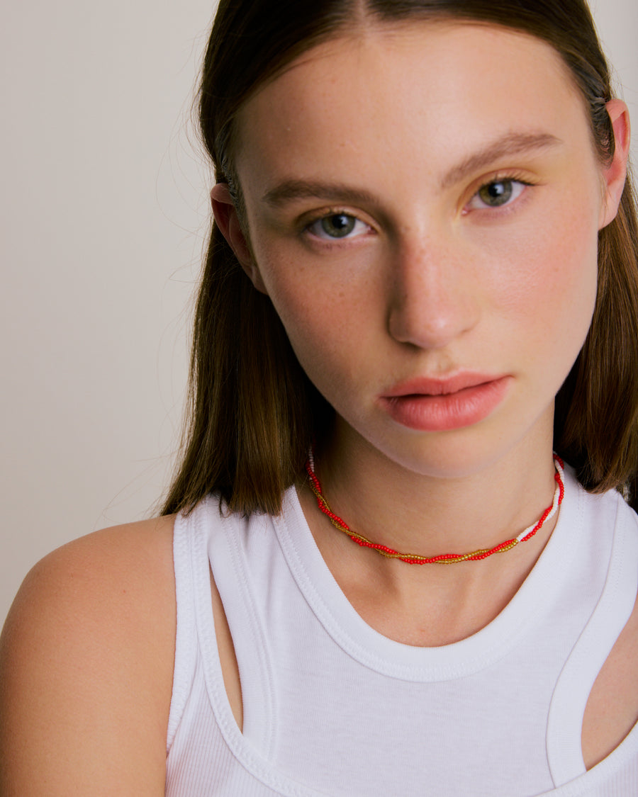 Double Strand Beaded Necklace - Chilli Red, Dusty Pink, White & Gold