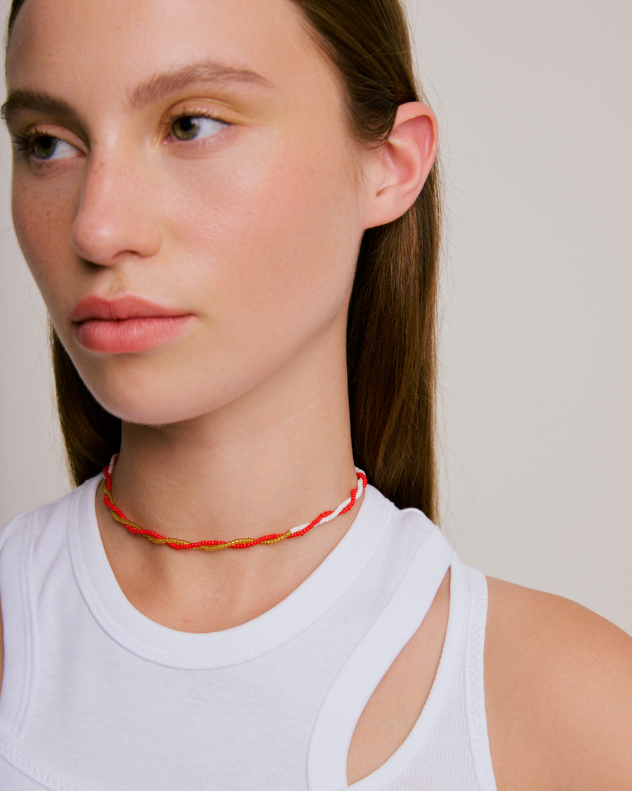 Double Strand Beaded Necklace - Chilli Red, Dusty Pink, White & Gold